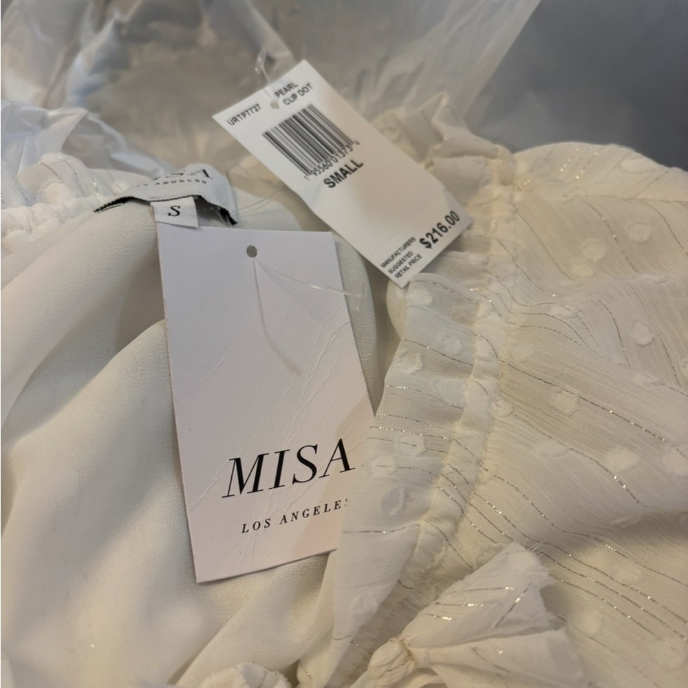 MISA Los Angeles Siena Puff Sleeve Clip Dot Chiffon Blouse White S NWT - Picture 8 of 8